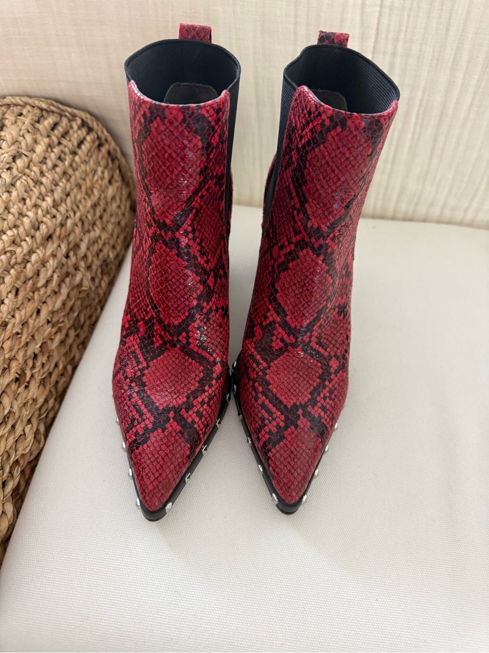 Charles David Red Snake-Print Pointed Ankle Boots